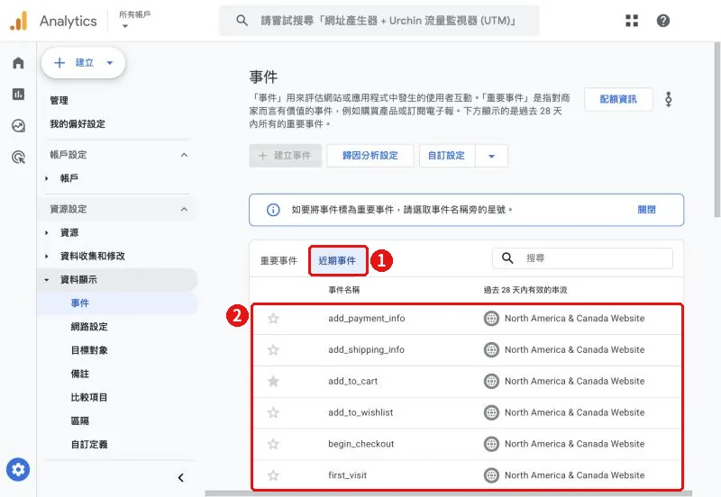 GA4 後台事件頁面的近期事件分頁,列出網站過去 28 天收到的事件